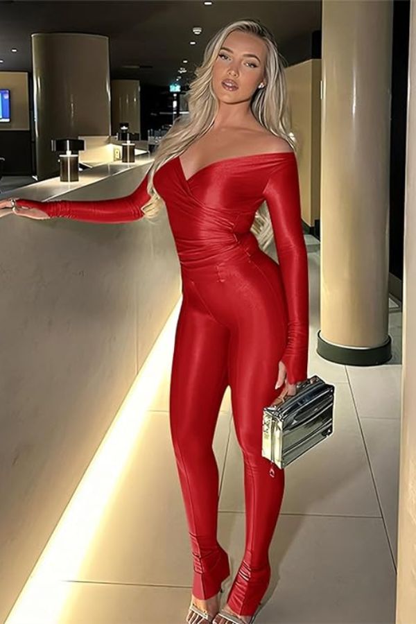 shiny red long sleeve jumpsuit